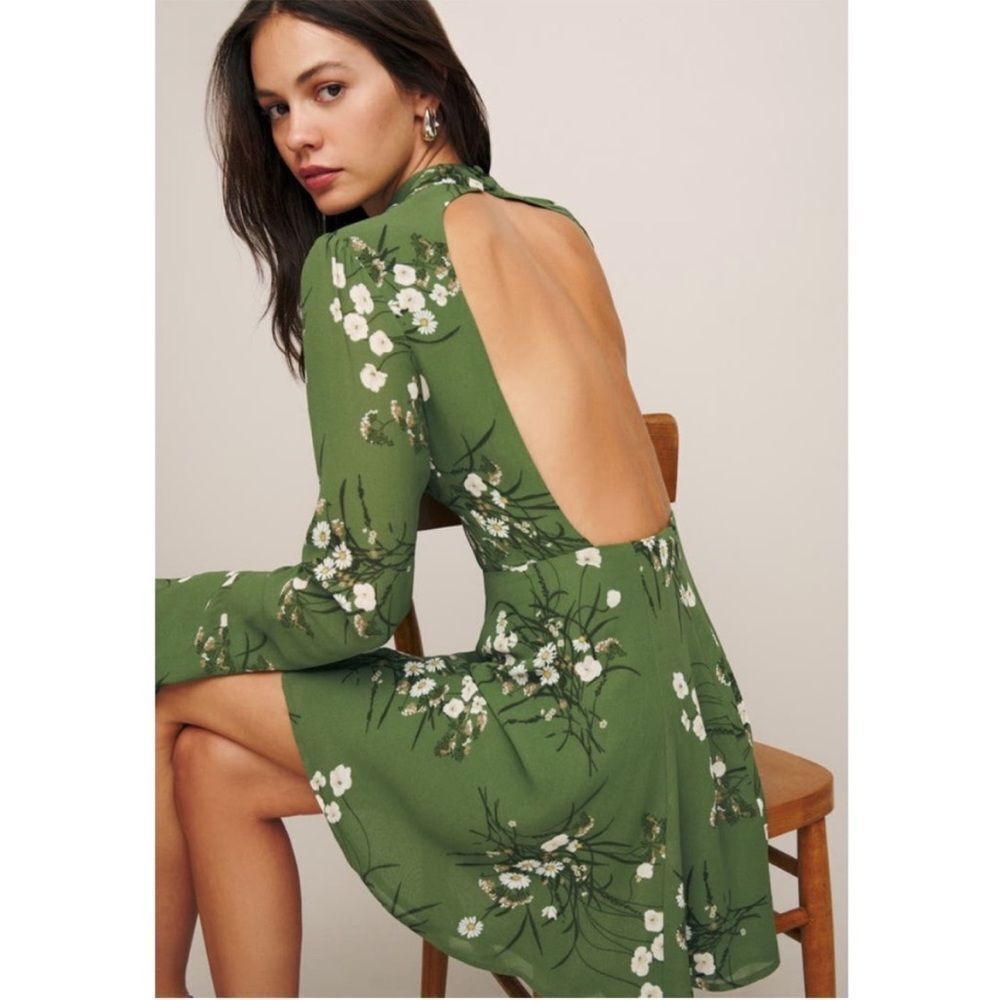 Reformation Persis Dress in lomita green floral mockneck long sleeve